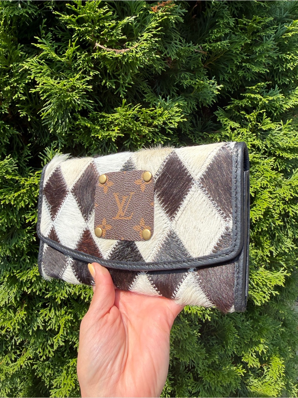 Upcycled Louis Vuitton Patch Black & White Diamond Cowhide Wallet - Picture 11 of 15